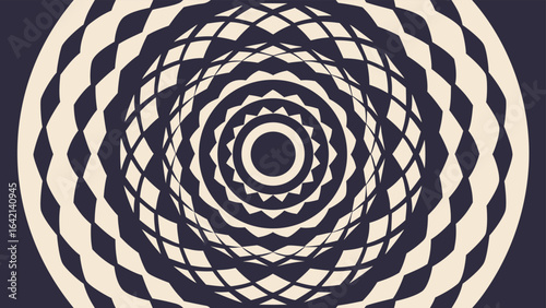 Abstract geometric circular pattern with repeating shapes in complementary beige and dark blue tones