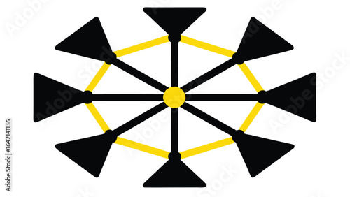 Abstract geometric composition featuring a black and yellow radial symmetry design