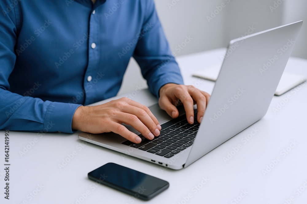 Man Typing on Laptop Keyboard at Office Desk with Mobile Phone Nearby, Business Technology Man Typing on Laptop Keyboard at Office Desk with Mobile Phone Nearby, Business Technology