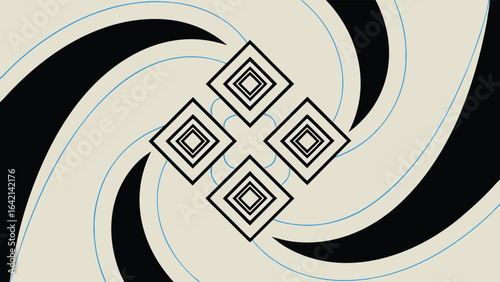 Abstract geometric composition featuring diamond shapes and dynamic black and blue curves on beige background.