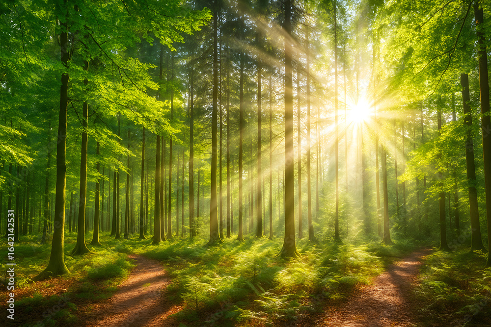 Obraz premium Green Forest with Sunlight Rays Through Trees