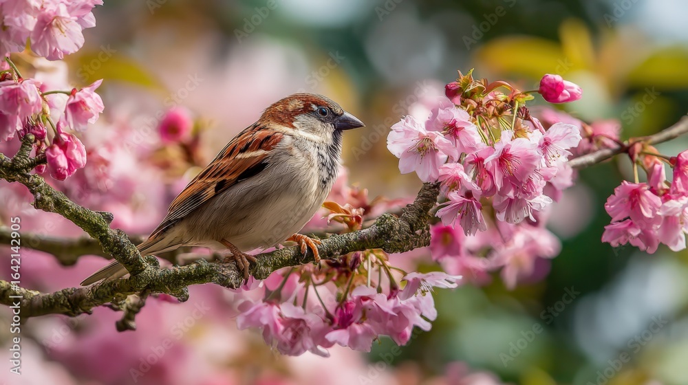 Fototapeta premium Sparrow perched on blossoming cherry tree branch in Springtime, vibrant wildlife scene, nature background
