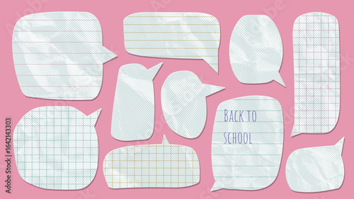 Set of checkered and striped speech bubbles made of crumpled white paper, isolated template for banner. Dialogue balloons with dotted texture, halftone effect, notebook sheet with jagged torn edges.