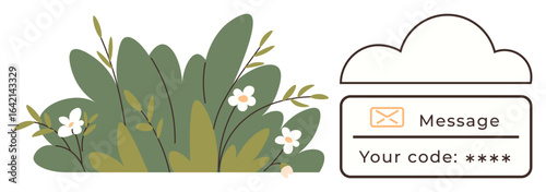 Green foliage with white flowers next to a cloud containing a secure message input box evokes balance between technology and nature. Ideal for privacy, eco-tech, messaging, digital security, online