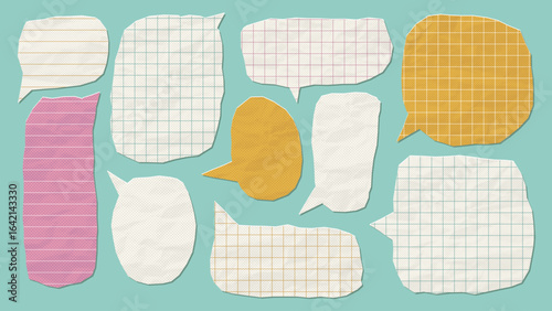 Set of speech bubble with ripped paper texture and grid and striped patterns foe back to school designs. Isolated vector elements.