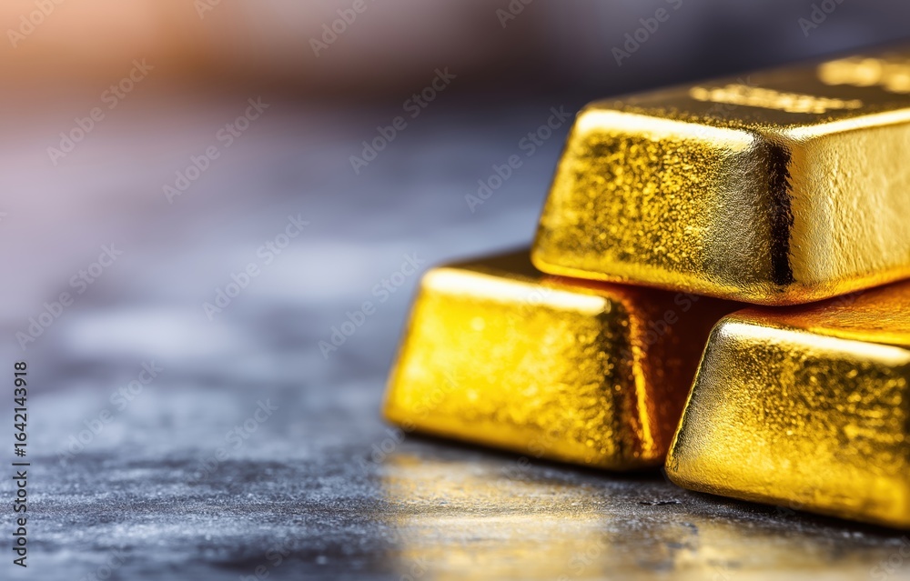 Gold bullion bars stacked on neutral concrete, illuminated by soft morning light, capturing the essence of investment and wealth Gold bullion bars stacked on neutral concrete, illuminated by soft morning light, capturing the essence of investment and wealth