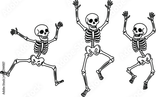 PrintDancing skeletons illustration, cartoon bone figures, Halloween skeleton art, funny skeleton poses, festive undead characters, spooky drawing, animated bones