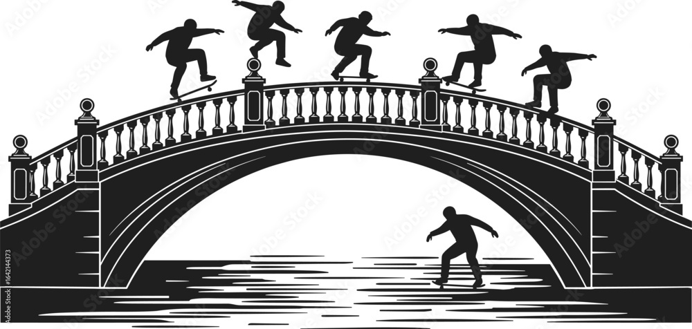 Fototapeta premium PrintSkateboarder jump sequence, bridge rail grind, skateboarding tricks, silhouette, extreme sports, urban skating, action, motion, stunt, river bridge