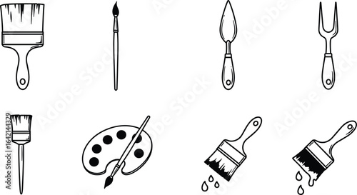 Art tools icons set, paintbrush, palette, palette knife, dripping brush, sketch style, hand drawn illustration, artistic supplies collection