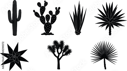PrintDesert plants silhouette set, cactus collection, agave, yucca, Joshua tree, prickly pear, succulent art, nature icon, black vector