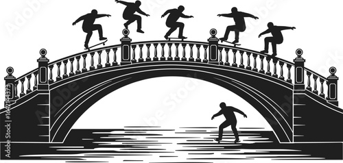 PrintSkateboarder jump sequence, bridge rail grind, skateboarding tricks, silhouette, extreme sports, urban skating, action, motion, stunt, river bridge