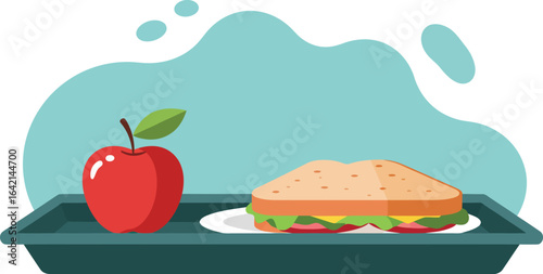School lunch tray with sandwich and red apple healthy meal vector illustration 