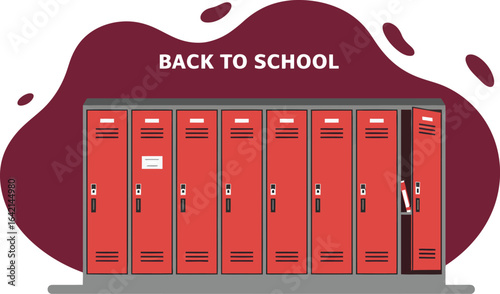 Red School Lockers with Back to School Text in Flat Vector Style for Educational Themes and Classroom Settings 
