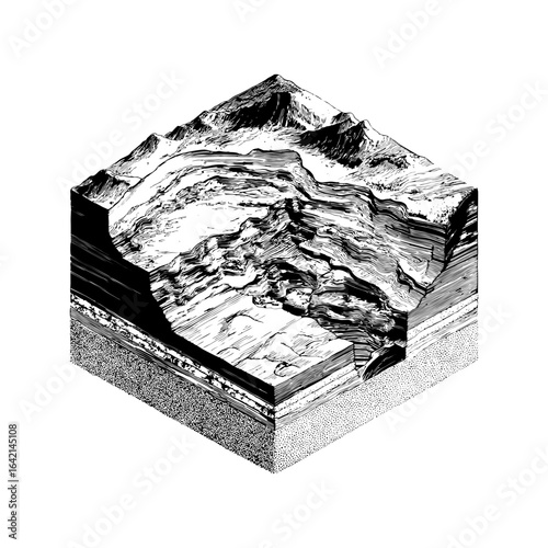 Engraving style illustration of a geological landslide cross-section in black and white on transparent background – Earth science vector for academic textbooks, environmental presentations