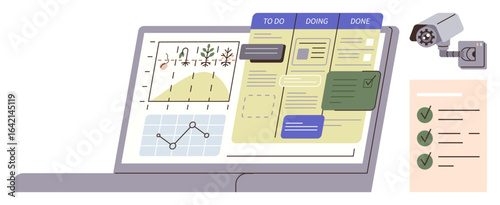 Laptop displaying charts, graphs, and workflow status columns. Wall-mounted camera for surveillance and checklist for productivity. Ideal for workflow, analytics, project management, organization