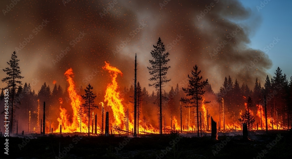 Obraz premium A devastating forest fire rages at night, with bright flames and thick smoke filling the sky.