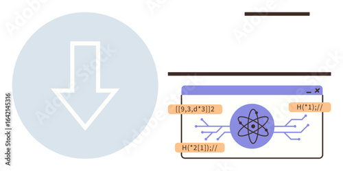 Arrow pointing downward next to digital window featuring atomic symbol, code snippets, and circuitry lines. Ideal for science, technology, coding, research, innovation, education simple flat metaphor