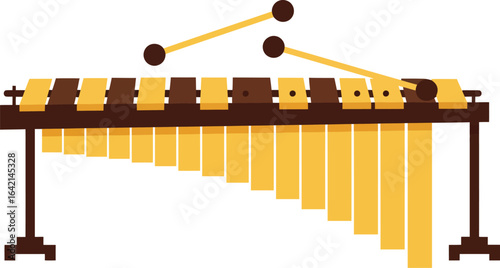 Marimba percussion instrument with wooden bars and mallets in simple vector illustration style 