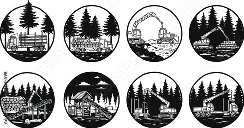 PrintLogging industry vector icons, forestry equipment illustration, timber truck, lumber process scenes, forest machinery set, wood harvesting operations clipart