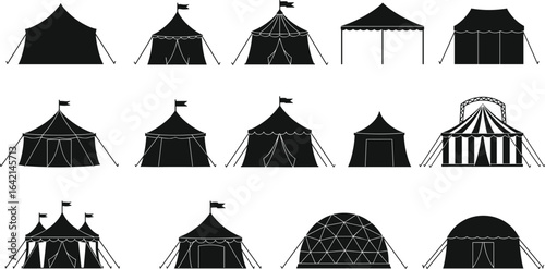 PrintTent silhouette collection, camping and circus tents, black vector icons, dome and canopy designs, outdoor shelter clipart, event tent illustration set