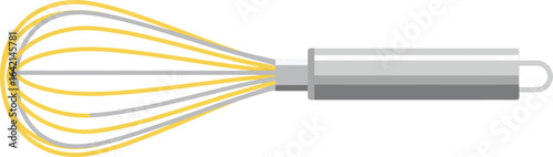 Kitchen whisk utensil with yellow wires for mixing and baking tasks in cooking environments 