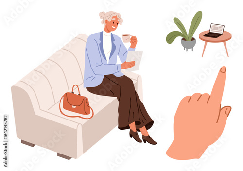 Woman seated on a sofa reading and drinking coffee, a bag beside her, a small table with a laptop and plant, and a pointing hand gesture. Ideal for relaxation, comfort, work-life balance, focus