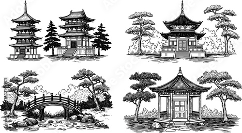 PrintJapanese architecture and landscape set, pagodas, pavilion, bridge, trees, serene garden scene, traditional cultural illustration, black vector design