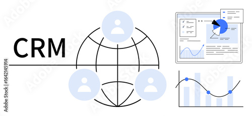 CRM text, global network with user icons, analytics dashboard with charts. Ideal for CRM systems, customer management, data analysis, teamwork, collaboration, networking simple landing page