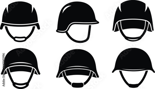 Vector art of collection of six different military helmets isolated on white background