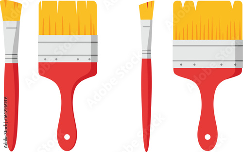 Paint Brushes Set with Red Handles and Yellow Bristles Vector Illustration for Art and Painting Supplies 
