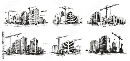 Urban or building construction, house sketch. City, house, town vector illustration set