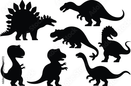Dinosaur silhouette collection, prehistoric animal vector set, T-Rex, Stegosaurus, Brachiosaurus icons, black dino shapes, ancient creature clipart, minimal fossil design