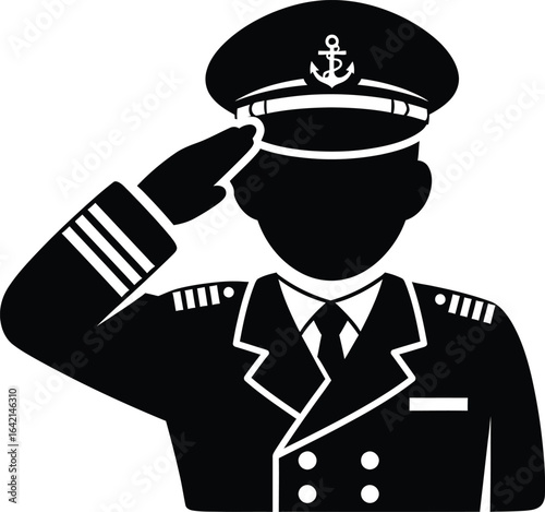 Naval officer saluting in uniform, ship captain silhouette icon, maritime commander in peaked cap with anchor emblem, black and white vector EPS