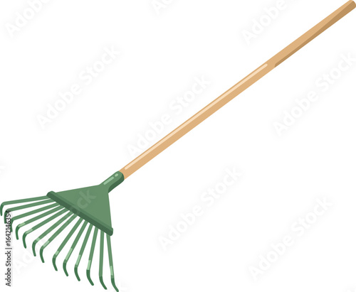 Garden leaf rake with wooden handle for outdoor yard cleaning tool vector illustration 