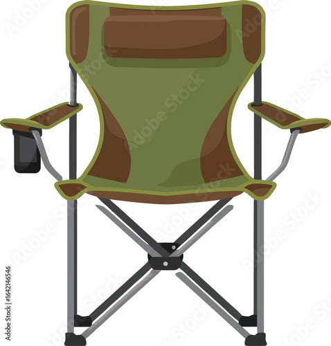 Portable green and brown camping chair with armrests and cup holder vector illustration for outdoor leisure activities 