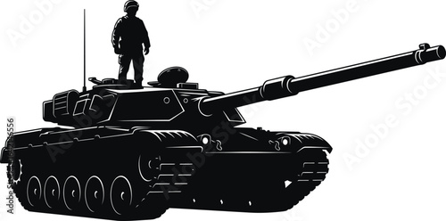 Vector art of silhouette of a military tank with a soldier standing on top isolated on white background