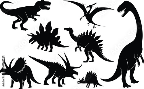 Dinosaur silhouette set, T. rex, Stegosaurus, Triceratops, Brachiosaurus, Spinosaurus, Pteranodon, Ankylosaurus, prehistoric animal vector, fossil era icons, minimal style design