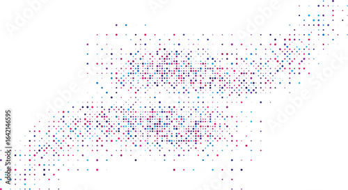 Blue and pink confetti dots swirl into flowing abstract waves on a pure white background modern pastel particle mosaic perfect for celebration banners posters web design