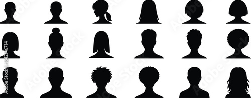 Hairstyle silhouette set, diverse head shapes, curly, straight, short and long hair, updo styles, hair texture icons, minimal vector illustration, beauty concept design