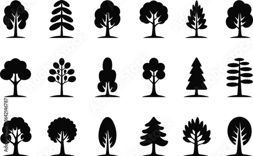 Tree silhouette set, fifteen unique shapes, coniferous and deciduous forms, nature icon collection, forest vector illustration, minimal style design, botanical concept artwork