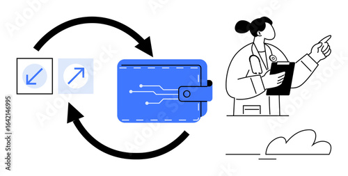 Digital wallet with circuit lines, circular arrows for transaction flow, doctor holding clipboard. Ideal for finance, health tech, e-wallets, secure payment, innovation, digital transformation