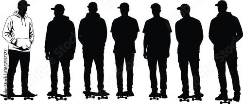 Skateboarder silhouette set, seven standing poses, hoodie and cap detail, urban youth vector illustration, individuality concept, street culture design, minimal style artwork