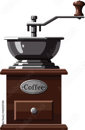 Vintage wooden coffee grinder with metal crank handle and drawer for fresh coffee beans vector illustration 