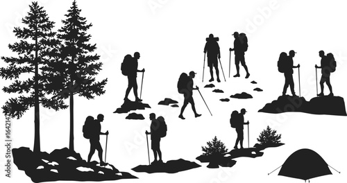 Hiking and camping silhouette set, vector illustration of trekkers, tent, trees, rocks, outdoor adventure poses, nature exploration concept, wilderness travel design