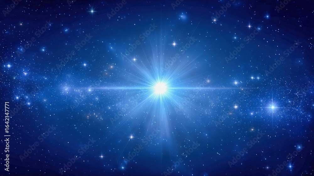 Fototapeta premium Brilliant Star Burst Amidst Deep Blue Galaxy, Cosmic Space Background, Exploration and Discovery Concept