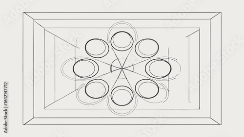 Abstract geometric composition with symmetrical ellipses and linear architectural elements