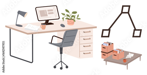 Workspace featuring a sleek desk with computer, chair, lamp, and stationery. Background includes documents, storage boxes, table, and wall art. Ideal for productivity office home work