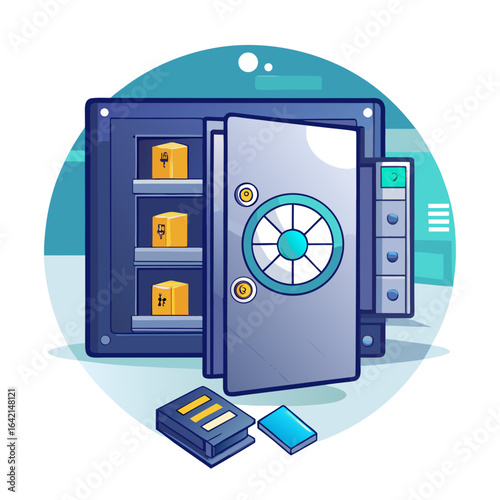 Data Vault and Secure Backup Vector, Safe Door with Digital Files Illustration