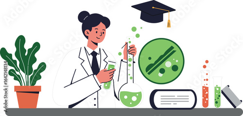 Female scientist conducting chemistry experiment with test tubes and microscope in laboratory vector illustration 