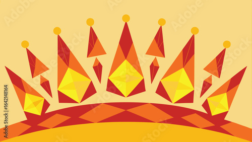 Abstract geometric crown illustration featuring orange and yellow polygons on a gold background